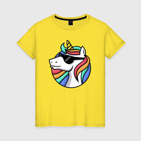 Женская футболка хлопок с принтом Стильный единорог в Екатеринбурге, 100% хлопок | прямой крой, круглый вырез горловины, длина до линии бедер, слегка спущенное плечо | rainbow | unicorn | единорог | очки | радуга