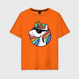 Женская футболка хлопок Oversize с принтом Стильный единорог в Екатеринбурге, 100% хлопок | свободный крой, круглый ворот, спущенный рукав, длина до линии бедер
 | rainbow | unicorn | единорог | очки | радуга