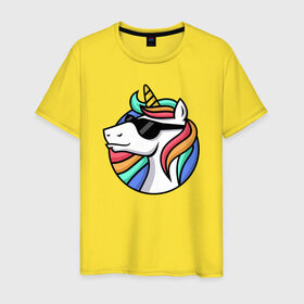 Мужская футболка хлопок с принтом Стильный единорог в Екатеринбурге, 100% хлопок | прямой крой, круглый вырез горловины, длина до линии бедер, слегка спущенное плечо. | rainbow | unicorn | единорог | очки | радуга