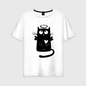 Женская футболка хлопок Oversize с принтом Влюблённый котейка в Екатеринбурге, 100% хлопок | свободный крой, круглый ворот, спущенный рукав, длина до линии бедер
 | 