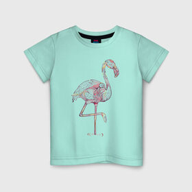 Детская футболка хлопок с принтом Узорчатый фламинго в Екатеринбурге, 100% хлопок | круглый вырез горловины, полуприлегающий силуэт, длина до линии бедер | Тематика изображения на принте: bird | flamingo | spiral | птица | спираль | узор | фламинго