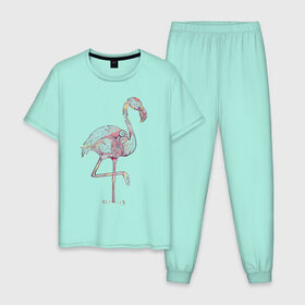 Мужская пижама хлопок с принтом Узорчатый фламинго в Екатеринбурге, 100% хлопок | брюки и футболка прямого кроя, без карманов, на брюках мягкая резинка на поясе и по низу штанин
 | Тематика изображения на принте: bird | flamingo | spiral | птица | спираль | узор | фламинго