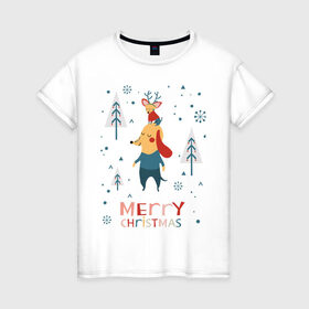 Женская футболка хлопок с принтом Merry Christmas (Собачки) в Екатеринбурге, 100% хлопок | прямой крой, круглый вырез горловины, длина до линии бедер, слегка спущенное плечо | 