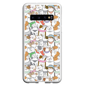 Чехол для Samsung Galaxy S10 с принтом Большая семья котиков в Екатеринбурге, Силикон | Область печати: задняя сторона чехла, без боковых панелей | bow | cat | scarf | spots | бант | косынка | кот | полоски | пятна | улыбки | шапка | шарф