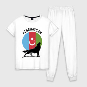 Женская пижама хлопок с принтом Азербайджан в Екатеринбурге, 100% хлопок | брюки и футболка прямого кроя, без карманов, на брюках мягкая резинка на поясе и по низу штанин | azerbaijan | baku | азер | азербайджан | баку | герб | страна | флаг