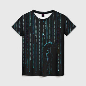 Женская футболка 3D с принтом Двоичный дождь, матрица в Екатеринбурге, 100% полиэфир ( синтетическое хлопкоподобное полотно) | прямой крой, круглый вырез горловины, длина до линии бедер | Тематика изображения на принте: 1 | banksy | matrix | бэнкси | двоичный код | дожди | дождливая погода | дождь | матрица | программма