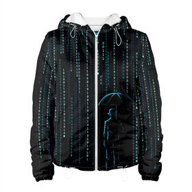 Женская куртка 3D с принтом Двоичный дождь, матрица в Екатеринбурге, ткань верха — 100% полиэстер, подклад — флис | прямой крой, подол и капюшон оформлены резинкой с фиксаторами, два кармана без застежек по бокам, один большой потайной карман на груди. Карман на груди застегивается на липучку | Тематика изображения на принте: 1 | banksy | matrix | бэнкси | двоичный код | дожди | дождливая погода | дождь | матрица | программма