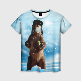 Женская футболка 3D с принтом Зимний мишка в реалиях 2020 г. в Екатеринбурге, 100% полиэфир ( синтетическое хлопкоподобное полотно) | прямой крой, круглый вырез горловины, длина до линии бедер | зима | маска | медведь | новый год