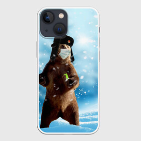 Чехол для iPhone 13 mini с принтом Зимний мишка в реалиях 2020 г. в Екатеринбурге,  |  | зима | маска | медведь | новый год