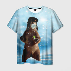 Мужская футболка 3D с принтом Зимний мишка в реалиях 2020 г. в Екатеринбурге, 100% полиэфир | прямой крой, круглый вырез горловины, длина до линии бедер | зима | маска | медведь | новый год