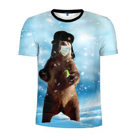 Мужская футболка 3D спортивная с принтом Зимний мишка в реалиях 2020 г. в Екатеринбурге, 100% полиэстер с улучшенными характеристиками | приталенный силуэт, круглая горловина, широкие плечи, сужается к линии бедра | зима | маска | медведь | новый год