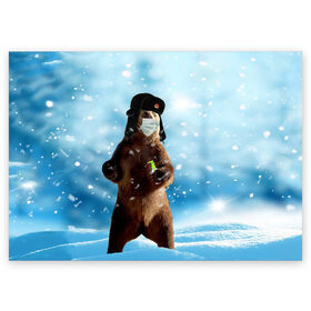 Поздравительная открытка с принтом Зимний мишка в реалиях 2020 г. в Екатеринбурге, 100% бумага | плотность бумаги 280 г/м2, матовая, на обратной стороне линовка и место для марки
 | Тематика изображения на принте: зима | маска | медведь | новый год