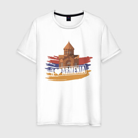Мужская футболка хлопок с принтом Армения в Екатеринбурге, 100% хлопок | прямой крой, круглый вырез горловины, длина до линии бедер, слегка спущенное плечо. | Тематика изображения на принте: armenia | арарат | армения | герб | горы | лев | страна | флаг | шашлык