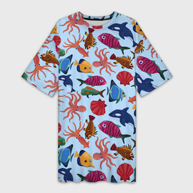 Платье-футболка 3D с принтом Подводный мир в Екатеринбурге,  |  | акулы | голубая футболка | дельфины | детская | киты | море | морские жители | океан | осьминог | прикольная | ракушка | ракушки | река | рыба | рыбы