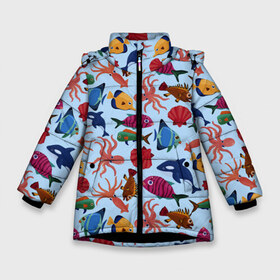 Зимняя куртка для девочек 3D с принтом Подводный мир в Екатеринбурге, ткань верха — 100% полиэстер; подклад — 100% полиэстер, утеплитель — 100% полиэстер. | длина ниже бедра, удлиненная спинка, воротник стойка и отстегивающийся капюшон. Есть боковые карманы с листочкой на кнопках, утяжки по низу изделия и внутренний карман на молнии. 

Предусмотрены светоотражающий принт на спинке, радужный светоотражающий элемент на пуллере молнии и на резинке для утяжки. | Тематика изображения на принте: акулы | голубая футболка | дельфины | детская | киты | море | морские жители | океан | осьминог | прикольная | ракушка | ракушки | река | рыба | рыбы