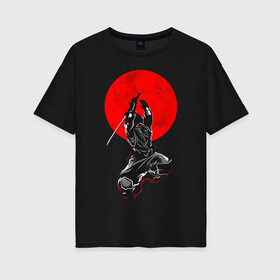 Женская футболка хлопок Oversize с принтом Samurai в Екатеринбурге, 100% хлопок | свободный крой, круглый ворот, спущенный рукав, длина до линии бедер
 | art | katana | man | ninja | red moon | samurai | арт | катана | красная луна | ниндзя | самурай | человек