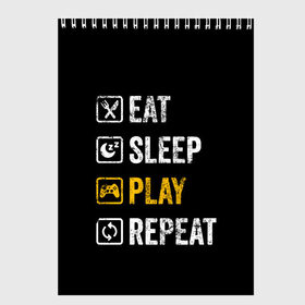 Скетчбук с принтом Eat Sleep Play Repeat в Екатеринбурге, 100% бумага
 | 48 листов, плотность листов — 100 г/м2, плотность картонной обложки — 250 г/м2. Листы скреплены сверху удобной пружинной спиралью | art | food | gamepad | games | inscription | joystick | schedule | sleep | text | арт | джойстик | еда | игры | надпись | расписание | сон | текст