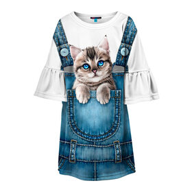 Детское платье 3D с принтом КОТЕНОК В КАРМАНЕ в Екатеринбурге, 100% полиэстер | прямой силуэт, чуть расширенный к низу. Круглая горловина, на рукавах — воланы | cat | барсик | девочкам | джинсы | карман | киса | комбинезон | костюм | кот | котенок | котик | кошка | красиво | мило | мяу | одежда