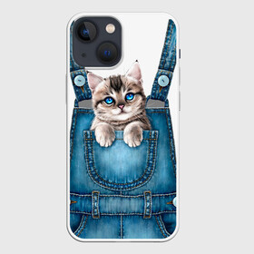 Чехол для iPhone 13 mini с принтом КОТЕНОК В КАРМАНЕ в Екатеринбурге,  |  | Тематика изображения на принте: cat | барсик | девочкам | джинсы | карман | киса | комбинезон | костюм | кот | котенок | котик | кошка | красиво | мило | мяу | одежда