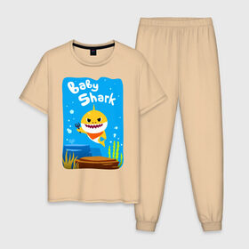 Мужская пижама хлопок с принтом Baby Shark в Екатеринбурге, 100% хлопок | брюки и футболка прямого кроя, без карманов, на брюках мягкая резинка на поясе и по низу штанин
 | Тематика изображения на принте: babyshark | babysharkchallenge | babysharkdance | акулёнок | детскаяпесенка | семьяакул