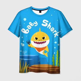 Мужская футболка 3D с принтом Baby Shark в Екатеринбурге, 100% полиэфир | прямой крой, круглый вырез горловины, длина до линии бедер | Тематика изображения на принте: babyshark | babysharkchallenge | babysharkdance | акулёнок | детскаяпесенка | семьяакул