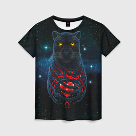 Женская футболка 3D с принтом Пантера в Екатеринбурге, 100% полиэфир ( синтетическое хлопкоподобное полотно) | прямой крой, круглый вырез горловины, длина до линии бедер | cosmos | вселенная | галактика | животное | зверь | клыки | когти | космонавт | космос | пантера | планета | сердце | след | хищник | черная пантера