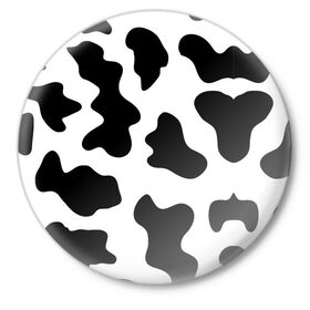 Значок с принтом Му-му в Екатеринбурге,  металл | круглая форма, металлическая застежка в виде булавки | абстракция | бык | кожа коровы | корова | му му | пятна | черно белое | черно белые пятна