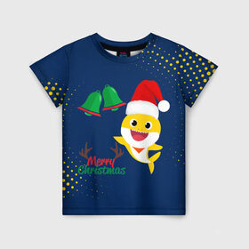 Детская футболка 3D с принтом MERRY SHRISTMAS \ BABY SHARK. в Екатеринбурге, 100% гипоаллергенный полиэфир | прямой крой, круглый вырез горловины, длина до линии бедер, чуть спущенное плечо, ткань немного тянется | 