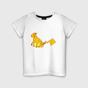 Детская футболка хлопок с принтом Пикачу в Екатеринбурге, 100% хлопок | круглый вырез горловины, полуприлегающий силуэт, длина до линии бедер | Тематика изображения на принте: аниме | капибара | пикачу | покемон | покемоны