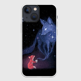 Чехол для iPhone 13 mini с принтом Лиса и ее дух в Екатеринбурге,  |  | fox | moon | stars | дух | звезды | лес | леса | лиса | лиса и лес | лисичка | лисичка в лесу | лисички в космосе | лисы | луна | небо | ночное небо | с лисами | темнота