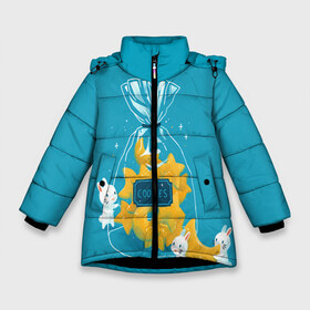 Зимняя куртка для девочек 3D с принтом Зайчики и печенье в Екатеринбурге, ткань верха — 100% полиэстер; подклад — 100% полиэстер, утеплитель — 100% полиэстер. | длина ниже бедра, удлиненная спинка, воротник стойка и отстегивающийся капюшон. Есть боковые карманы с листочкой на кнопках, утяжки по низу изделия и внутренний карман на молнии. 

Предусмотрены светоотражающий принт на спинке, радужный светоотражающий элемент на пуллере молнии и на резинке для утяжки. | Тематика изображения на принте: cookies | зайки | зайцы | зайцы на лужайке | зайчики | зайчики с морковками | заяц | кролик | кролики | морковка | печенье | с зайцом | с зайчиком | с кроликом | с кроликоми