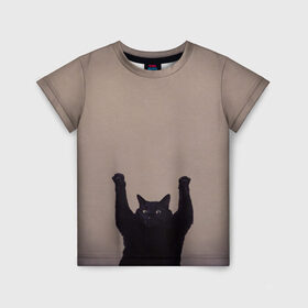 Детская футболка 3D с принтом Кот сдается в Екатеринбурге, 100% гипоаллергенный полиэфир | прямой крой, круглый вырез горловины, длина до линии бедер, чуть спущенное плечо, ткань немного тянется | cat | арест | испуг | кот | руки вверх | черный кот