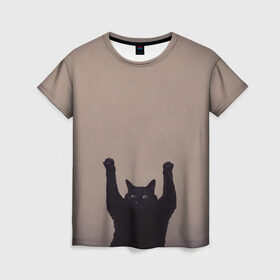 Женская футболка 3D с принтом Кот сдается в Екатеринбурге, 100% полиэфир ( синтетическое хлопкоподобное полотно) | прямой крой, круглый вырез горловины, длина до линии бедер | cat | арест | испуг | кот | руки вверх | черный кот