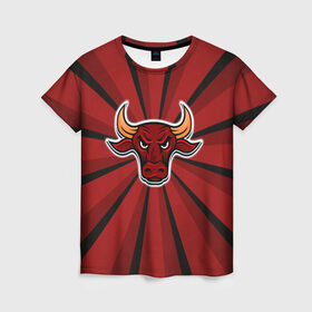 Женская футболка 3D с принтом Красный бык в Екатеринбурге, 100% полиэфир ( синтетическое хлопкоподобное полотно) | прямой крой, круглый вырез горловины, длина до линии бедер | буйвол | бык | год быка | голова быка | злой бык | рога | рогатое животное