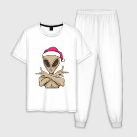 Мужская пижама хлопок с принтом Alien Santa в Екатеринбурге, 100% хлопок | брюки и футболка прямого кроя, без карманов, на брюках мягкая резинка на поясе и по низу штанин
 | 