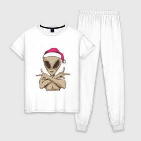 Женская пижама хлопок с принтом Alien Santa в Екатеринбурге, 100% хлопок | брюки и футболка прямого кроя, без карманов, на брюках мягкая резинка на поясе и по низу штанин | 