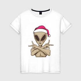 Женская футболка хлопок с принтом Alien Santa в Екатеринбурге, 100% хлопок | прямой крой, круглый вырез горловины, длина до линии бедер, слегка спущенное плечо | 