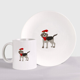 Набор: тарелка + кружка с принтом Новогодний Бигль в Екатеринбурге, керамика | Кружка: объем — 330 мл, диаметр — 80 мм. Принт наносится на бока кружки, можно сделать два разных изображения. 
Тарелка: диаметр - 210 мм, диаметр для нанесения принта - 120 мм. | 2021 | бигль | зима | зимняя собака | милый | нарядная собака | новогодний щенок | новый год | подарок | собака | собака в шапке | шарф | щенок | щенок с шарфом