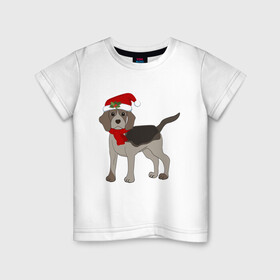 Детская футболка хлопок с принтом Новогодний Бигль в Екатеринбурге, 100% хлопок | круглый вырез горловины, полуприлегающий силуэт, длина до линии бедер | 2021 | бигль | зима | зимняя собака | милый | нарядная собака | новогодний щенок | новый год | подарок | собака | собака в шапке | шарф | щенок | щенок с шарфом