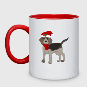 Кружка двухцветная с принтом Новогодний Бигль в Екатеринбурге, керамика | объем — 330 мл, диаметр — 80 мм. Цветная ручка и кайма сверху, в некоторых цветах — вся внутренняя часть | Тематика изображения на принте: 2021 | бигль | зима | зимняя собака | милый | нарядная собака | новогодний щенок | новый год | подарок | собака | собака в шапке | шарф | щенок | щенок с шарфом