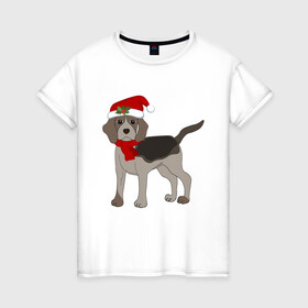 Женская футболка хлопок с принтом Новогодний Бигль в Екатеринбурге, 100% хлопок | прямой крой, круглый вырез горловины, длина до линии бедер, слегка спущенное плечо | Тематика изображения на принте: 2021 | бигль | зима | зимняя собака | милый | нарядная собака | новогодний щенок | новый год | подарок | собака | собака в шапке | шарф | щенок | щенок с шарфом