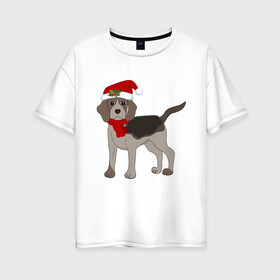 Женская футболка хлопок Oversize с принтом Новогодний Бигль в Екатеринбурге, 100% хлопок | свободный крой, круглый ворот, спущенный рукав, длина до линии бедер
 | 2021 | бигль | зима | зимняя собака | милый | нарядная собака | новогодний щенок | новый год | подарок | собака | собака в шапке | шарф | щенок | щенок с шарфом