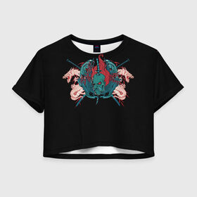 Женская футболка Crop-top 3D с принтом Катаны и дьявол в Екатеринбурге, 100% полиэстер | круглая горловина, длина футболки до линии талии, рукава с отворотами | дьявол | катаны | холодное оружие | япония | японские драконы | японский меч.