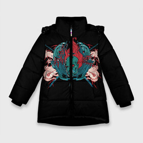 Зимняя куртка для девочек 3D с принтом Катаны и дьявол в Екатеринбурге, ткань верха — 100% полиэстер; подклад — 100% полиэстер, утеплитель — 100% полиэстер. | длина ниже бедра, удлиненная спинка, воротник стойка и отстегивающийся капюшон. Есть боковые карманы с листочкой на кнопках, утяжки по низу изделия и внутренний карман на молнии. 

Предусмотрены светоотражающий принт на спинке, радужный светоотражающий элемент на пуллере молнии и на резинке для утяжки. | дьявол | катаны | холодное оружие | япония | японские драконы | японский меч.