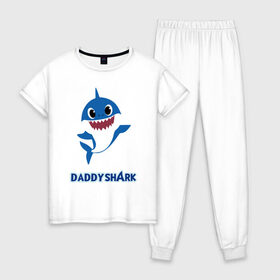 Женская пижама хлопок с принтом Baby Shark Daddy в Екатеринбурге, 100% хлопок | брюки и футболка прямого кроя, без карманов, на брюках мягкая резинка на поясе и по низу штанин | Тематика изображения на принте: 