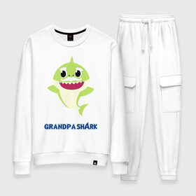 Женский костюм хлопок с принтом Baby Shark Grandpa в Екатеринбурге, 100% хлопок | на свитшоте круглая горловина, мягкая резинка по низу. Брюки заужены к низу, на них два вида карманов: два 