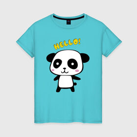 Женская футболка хлопок с принтом Милая пандочка в Екатеринбурге, 100% хлопок | прямой крой, круглый вырез горловины, длина до линии бедер, слегка спущенное плечо | маленькая панда | маленькая пандочка | милашка | милая панда | милая пандочка | панда | панда hello | панда милашка | пандочка | пандочка hello | пандочка милашка