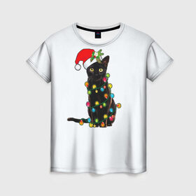 Женская футболка 3D с принтом Новогодний кот в Екатеринбурге, 100% полиэфир ( синтетическое хлопкоподобное полотно) | прямой крой, круглый вырез горловины, длина до линии бедер | 2021 | белка | гирлянда | год быка | дед мороз | елка | енот | кот | котик | лиса | маска | неон | новогодний кот | новогодняя | новый год | олень | праздник | радуга | рождество | с новым годом | санта