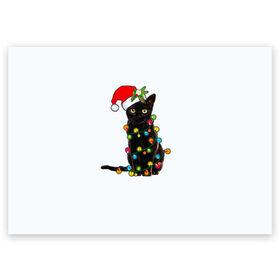Поздравительная открытка с принтом Новогодний кот в Екатеринбурге, 100% бумага | плотность бумаги 280 г/м2, матовая, на обратной стороне линовка и место для марки
 | 2021 | белка | гирлянда | год быка | дед мороз | елка | енот | кот | котик | лиса | маска | неон | новогодний кот | новогодняя | новый год | олень | праздник | радуга | рождество | с новым годом | санта