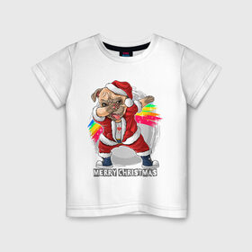 Детская футболка хлопок с принтом Новогодний мопс в Екатеринбурге, 100% хлопок | круглый вырез горловины, полуприлегающий силуэт, длина до линии бедер | Тематика изображения на принте: 